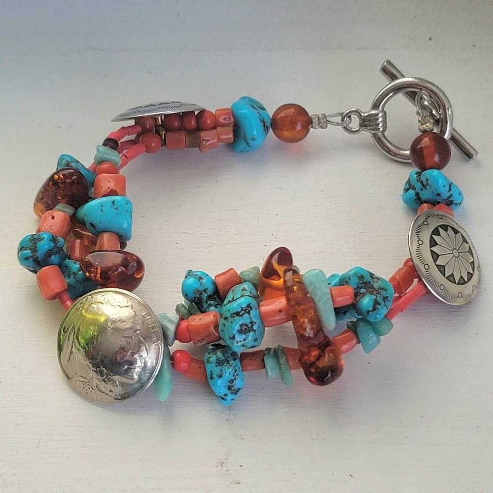 Indian Head Nickel Turquoise Coral Beaded Multi Strand Bracelet Toggle Clasp